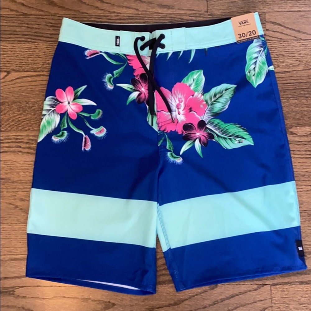 Vans Men's Blue Floral Board Shorts with Mint Stripes